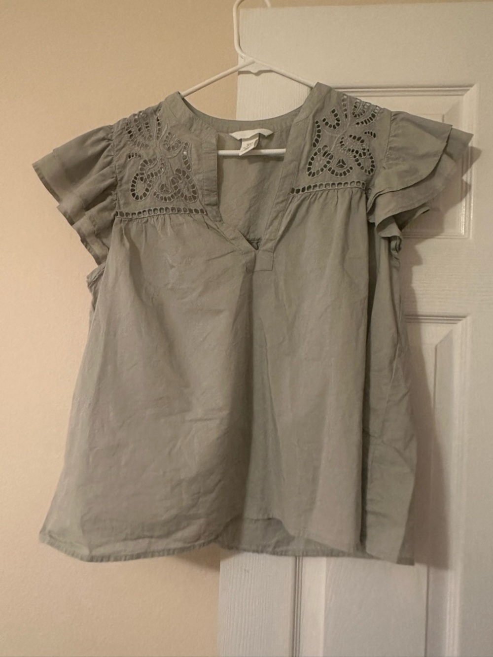 H&M Sage Green Eyelet Flutter Sleeve Top